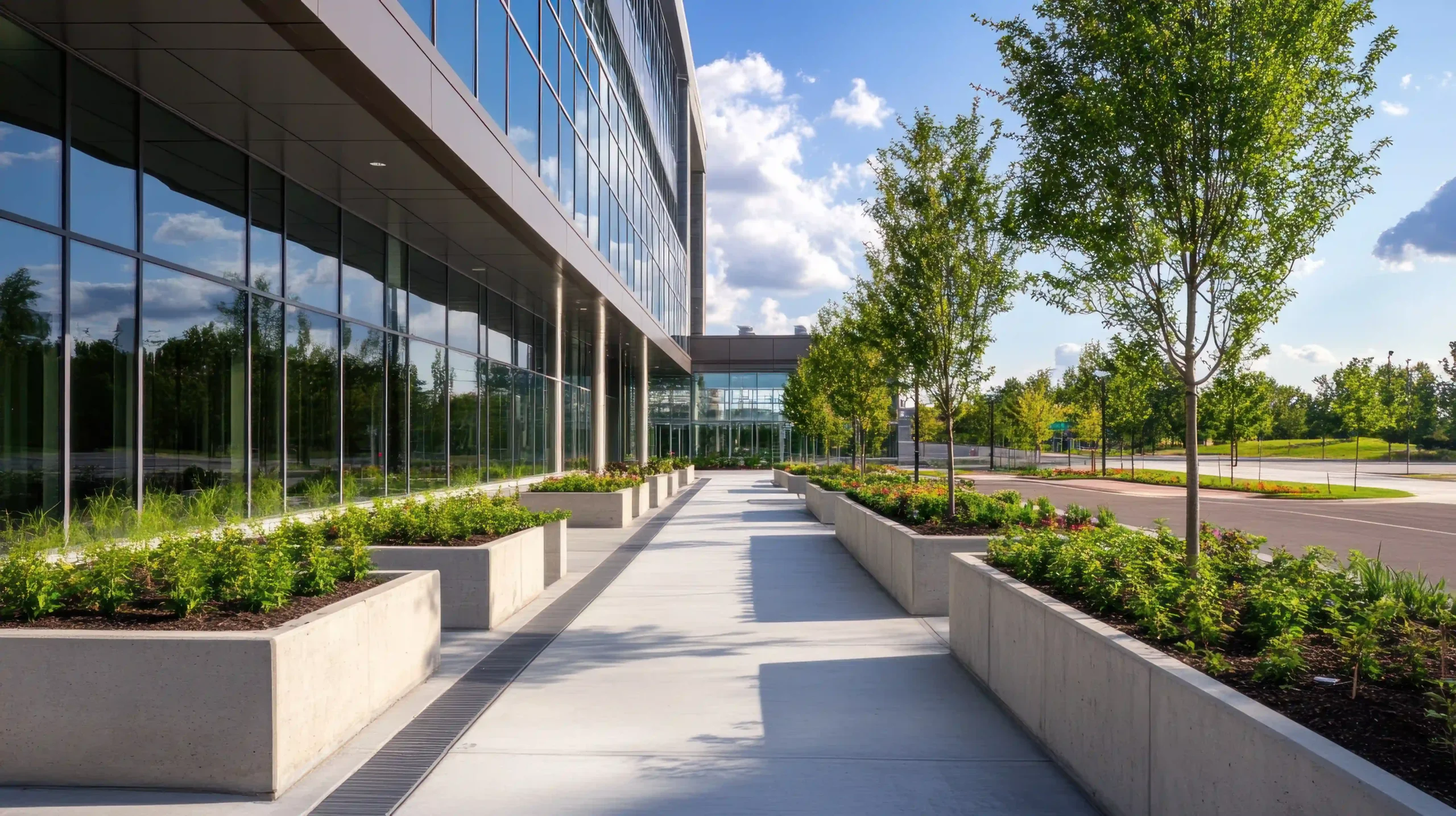 Landscaped planter boxes at modern office building entrance