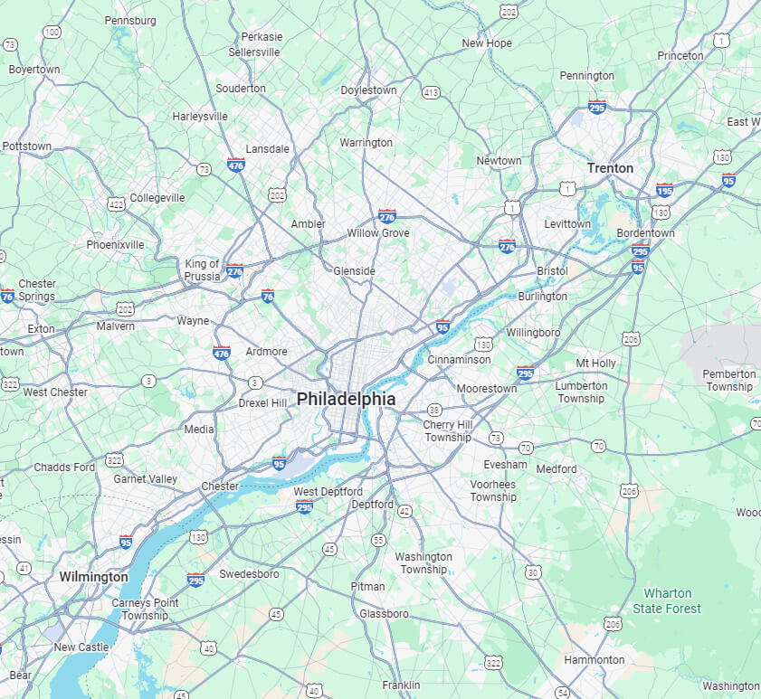 Map showing the Philadelphia and Lower Bucks County service area for residential landscape design services