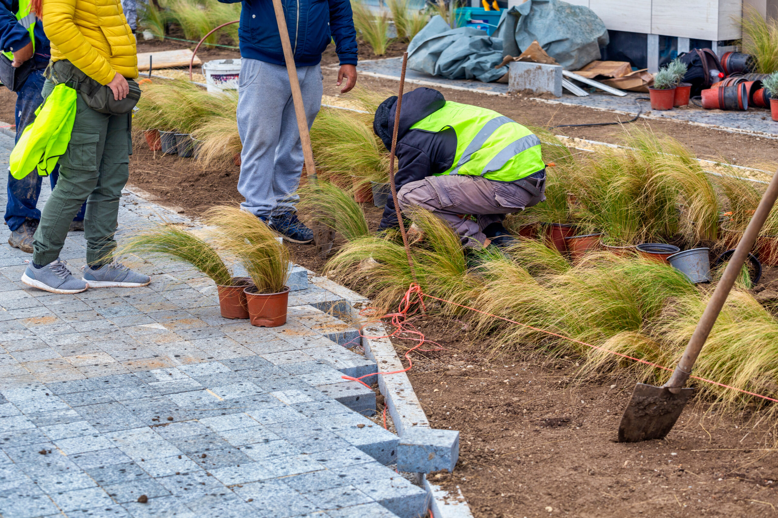 Landscaping crew installing ornamental grasses and planting beds along a paved walkway at a commercial property